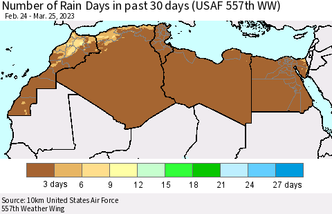 North Africa Number of Rain Days in past 30 days (USAF 557th WW) 03/25/2023 Thematic Map For 3/21/2023 - 3/25/2023