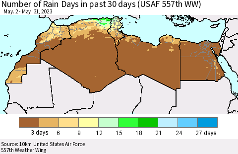 North Africa Number of Rain Days in past 30 days (USAF 557th WW) 05/31/2023 Thematic Map For 5/26/2023 - 5/31/2023
