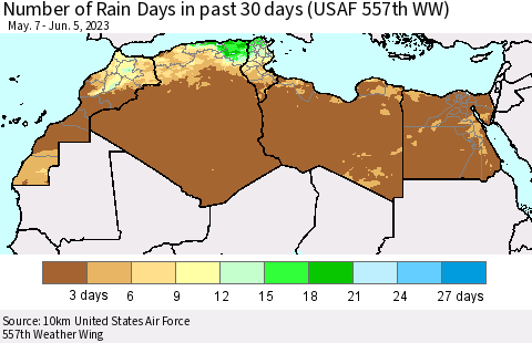 North Africa Number of Rain Days in past 30 days (USAF 557th WW) 06/05/2023 Thematic Map For 6/1/2023 - 6/5/2023