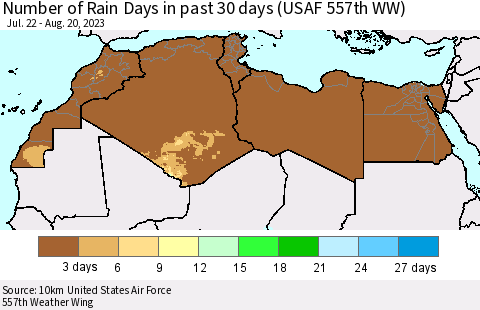 North Africa Number of Rain Days in past 30 days (USAF 557th WW) 08/20/2023 Thematic Map For 8/16/2023 - 8/20/2023