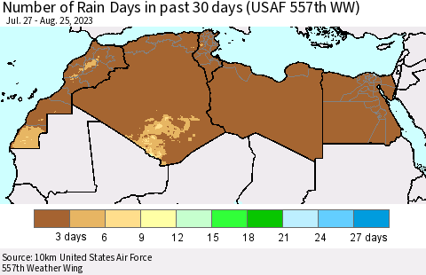 North Africa Number of Rain Days in past 30 days (USAF 557th WW) 08/25/2023 Thematic Map For 8/21/2023 - 8/25/2023