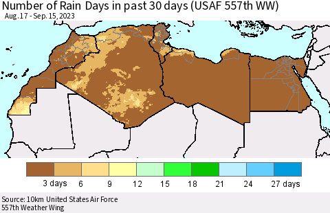 North Africa Number of Rain Days in past 30 days (USAF 557th WW) 09/15/2023 Thematic Map For 9/11/2023 - 9/15/2023