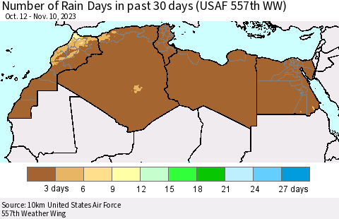 North Africa Number of Rain Days in past 30 days (USAF 557th WW) 11/10/2023 Thematic Map For 11/6/2023 - 11/10/2023