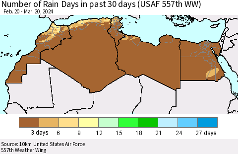 North Africa Number of Rain Days in past 30 days (USAF 557th WW) 03/20/2024 Thematic Map For 3/16/2024 - 3/20/2024