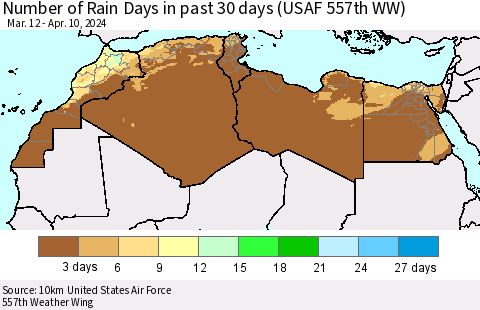 North Africa Number of Rain Days in past 30 days (USAF 557th WW) 04/10/2024 Thematic Map For 4/6/2024 - 4/10/2024
