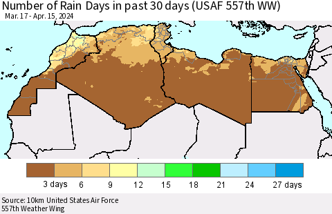 North Africa Number of Rain Days in past 30 days (USAF 557th WW) 04/15/2024 Thematic Map For 4/11/2024 - 4/15/2024