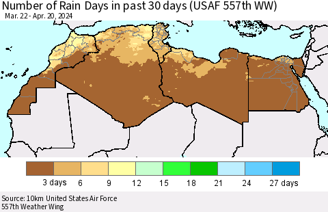 North Africa Number of Rain Days in past 30 days (USAF 557th WW) 04/20/2024 Thematic Map For 4/16/2024 - 4/20/2024