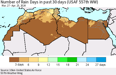 North Africa Number of Rain Days in past 30 days (USAF 557th WW) 04/25/2024 Thematic Map For 4/21/2024 - 4/25/2024
