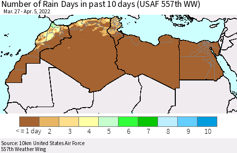 North Africa Number of Rain Days in past 10 days (USAF 557th WW) Thematic Map For 4/1/2022 - 4/5/2022