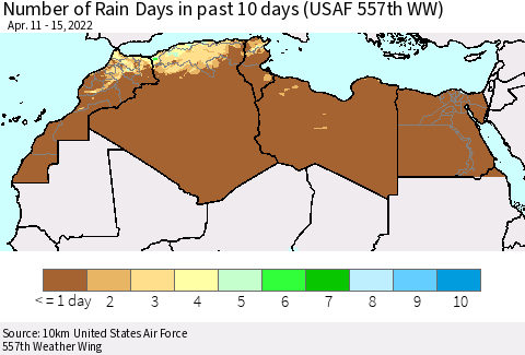 North Africa Number of Rain Days in past 10 days (USAF 557th WW) Thematic Map For 4/11/2022 - 4/15/2022