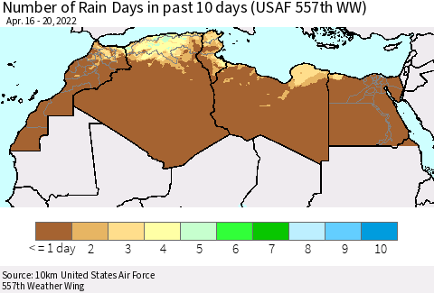 North Africa Number of Rain Days in past 10 days (USAF 557th WW) Thematic Map For 4/16/2022 - 4/20/2022