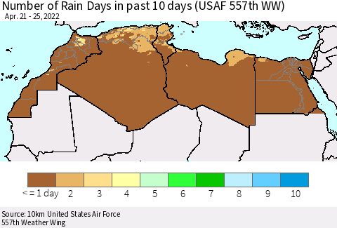 North Africa Number of Rain Days in past 10 days (USAF 557th WW) Thematic Map For 4/21/2022 - 4/25/2022