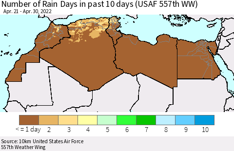 North Africa Number of Rain Days in past 10 days (USAF 557th WW) Thematic Map For 4/26/2022 - 4/30/2022