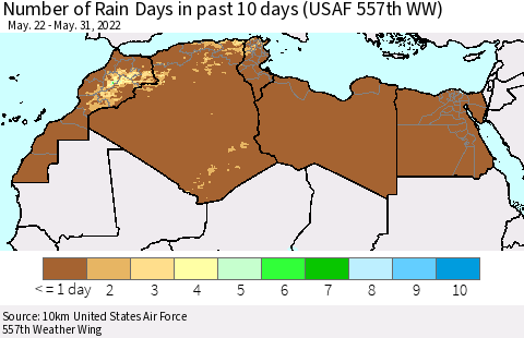 North Africa Number of Rain Days in past 10 days (USAF 557th WW) Thematic Map For 5/26/2022 - 5/31/2022
