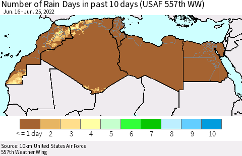 North Africa Number of Rain Days in past 10 days (USAF 557th WW) Thematic Map For 6/21/2022 - 6/25/2022
