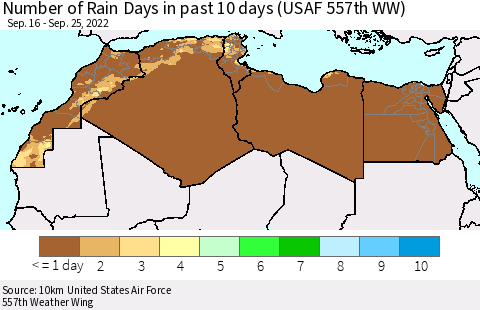North Africa Number of Rain Days in past 10 days (USAF 557th WW) Thematic Map For 9/21/2022 - 9/25/2022