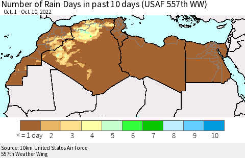 North Africa Number of Rain Days in past 10 days (USAF 557th WW) Thematic Map For 10/6/2022 - 10/10/2022