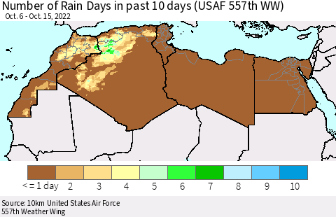North Africa Number of Rain Days in past 10 days (USAF 557th WW) Thematic Map For 10/11/2022 - 10/15/2022