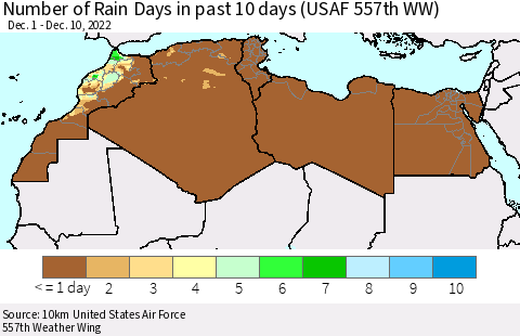 North Africa Number of Rain Days in past 10 days (USAF 557th WW) Thematic Map For 12/6/2022 - 12/10/2022