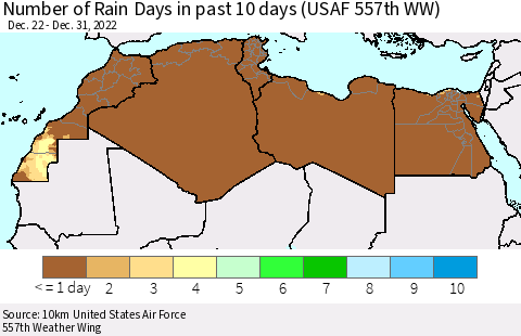 North Africa Number of Rain Days in past 10 days (USAF 557th WW) Thematic Map For 12/26/2022 - 12/31/2022