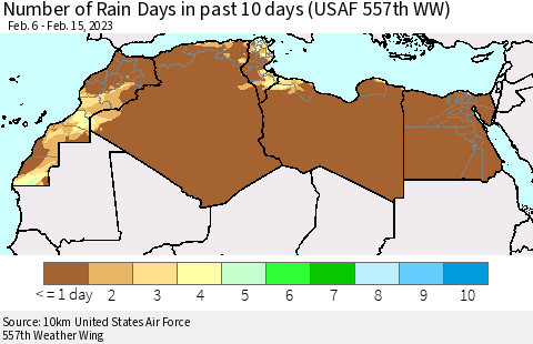 North Africa Number of Rain Days in past 10 days (USAF 557th WW) Thematic Map For 2/11/2023 - 2/15/2023