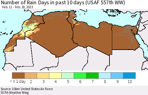 North Africa Number of Rain Days in past 10 days (USAF 557th WW) Thematic Map For 2/16/2023 - 2/20/2023
