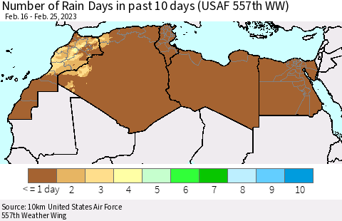 North Africa Number of Rain Days in past 10 days (USAF 557th WW) Thematic Map For 2/21/2023 - 2/25/2023