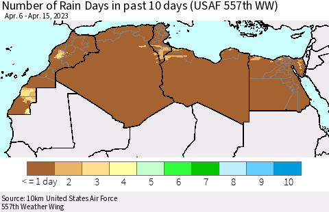 North Africa Number of Rain Days in past 10 days (USAF 557th WW) Thematic Map For 4/11/2023 - 4/15/2023