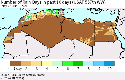 North Africa Number of Rain Days in past 10 days (USAF 557th WW) Thematic Map For 6/1/2023 - 6/5/2023