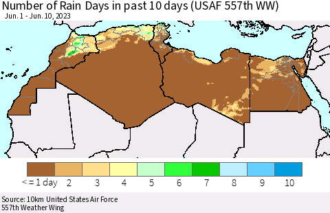North Africa Number of Rain Days in past 10 days (USAF 557th WW) Thematic Map For 6/6/2023 - 6/10/2023