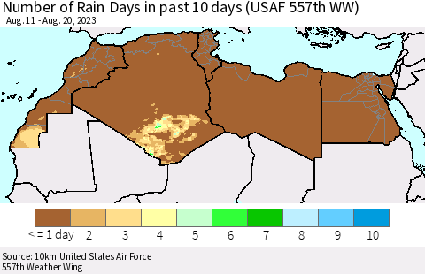 North Africa Number of Rain Days in past 10 days (USAF 557th WW) Thematic Map For 8/16/2023 - 8/20/2023