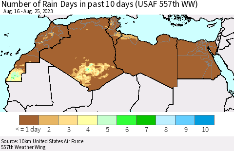 North Africa Number of Rain Days in past 10 days (USAF 557th WW) Thematic Map For 8/21/2023 - 8/25/2023