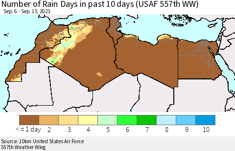 North Africa Number of Rain Days in past 10 days (USAF 557th WW) Thematic Map For 9/11/2023 - 9/15/2023