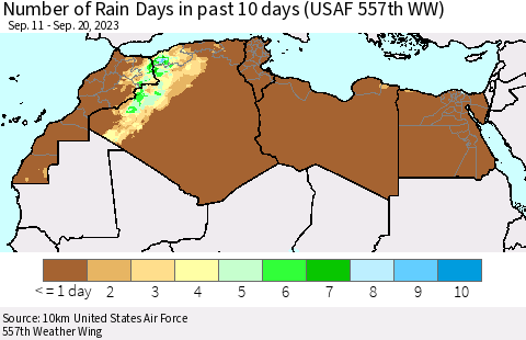 North Africa Number of Rain Days in past 10 days (USAF 557th WW) Thematic Map For 9/16/2023 - 9/20/2023