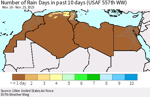 North Africa Number of Rain Days in past 10 days (USAF 557th WW) Thematic Map For 11/21/2023 - 11/25/2023