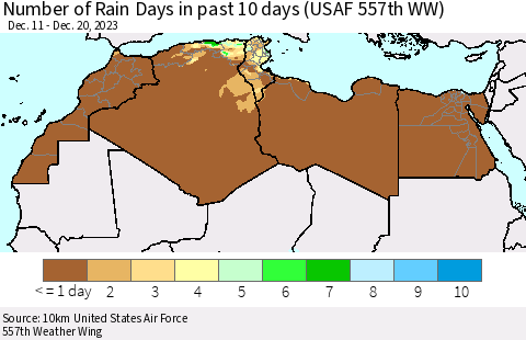 North Africa Number of Rain Days in past 10 days (USAF 557th WW) Thematic Map For 12/16/2023 - 12/20/2023