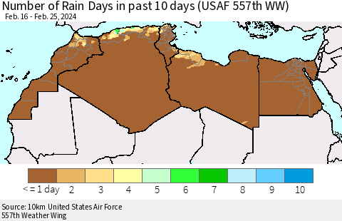 North Africa Number of Rain Days in past 10 days (USAF 557th WW) Thematic Map For 2/21/2024 - 2/25/2024