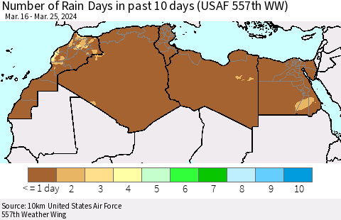 North Africa Number of Rain Days in past 10 days (USAF 557th WW) Thematic Map For 3/21/2024 - 3/25/2024