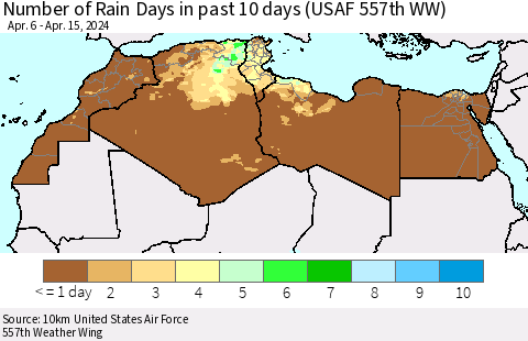 North Africa Number of Rain Days in past 10 days (USAF 557th WW) Thematic Map For 4/11/2024 - 4/15/2024