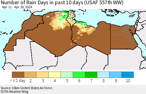 North Africa Number of Rain Days in past 10 days (USAF 557th WW) Thematic Map For 4/16/2024 - 4/20/2024