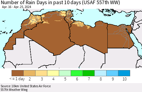 North Africa Number of Rain Days in past 10 days (USAF 557th WW) Thematic Map For 4/21/2024 - 4/25/2024
