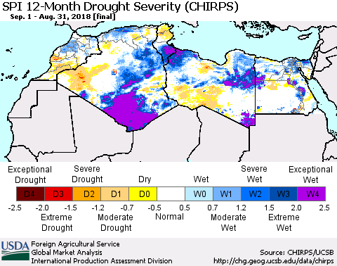 North Africa SPI 12-Month Drought Severity (CHIRPS) Thematic Map For 9/1/2017 - 8/31/2018