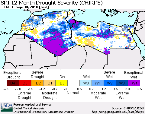 North Africa SPI 12-Month Drought Severity (CHIRPS) Thematic Map For 10/1/2017 - 9/30/2018