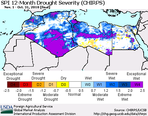 North Africa SPI 12-Month Drought Severity (CHIRPS) Thematic Map For 11/1/2017 - 10/31/2018