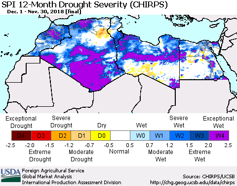 North Africa SPI 12-Month Drought Severity (CHIRPS) Thematic Map For 12/1/2017 - 11/30/2018