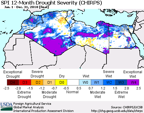 North Africa SPI 12-Month Drought Severity (CHIRPS) Thematic Map For 1/1/2018 - 12/31/2018