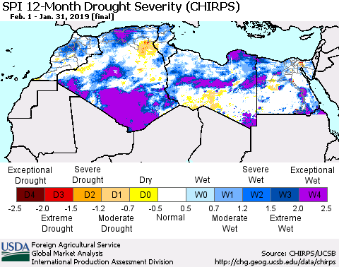 North Africa SPI 12-Month Drought Severity (CHIRPS) Thematic Map For 2/1/2018 - 1/31/2019