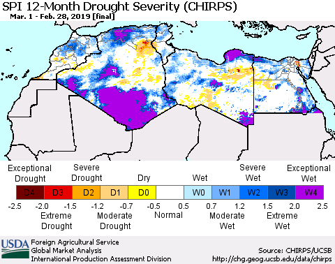 North Africa SPI 12-Month Drought Severity (CHIRPS) Thematic Map For 3/1/2018 - 2/28/2019