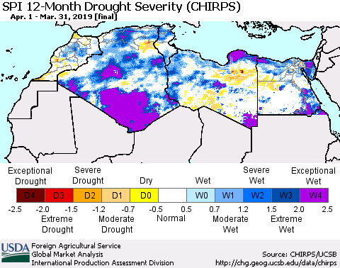 North Africa SPI 12-Month Drought Severity (CHIRPS) Thematic Map For 4/1/2018 - 3/31/2019
