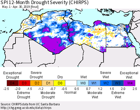 North Africa SPI 12-Month Drought Severity (CHIRPS) Thematic Map For 5/1/2018 - 4/30/2019